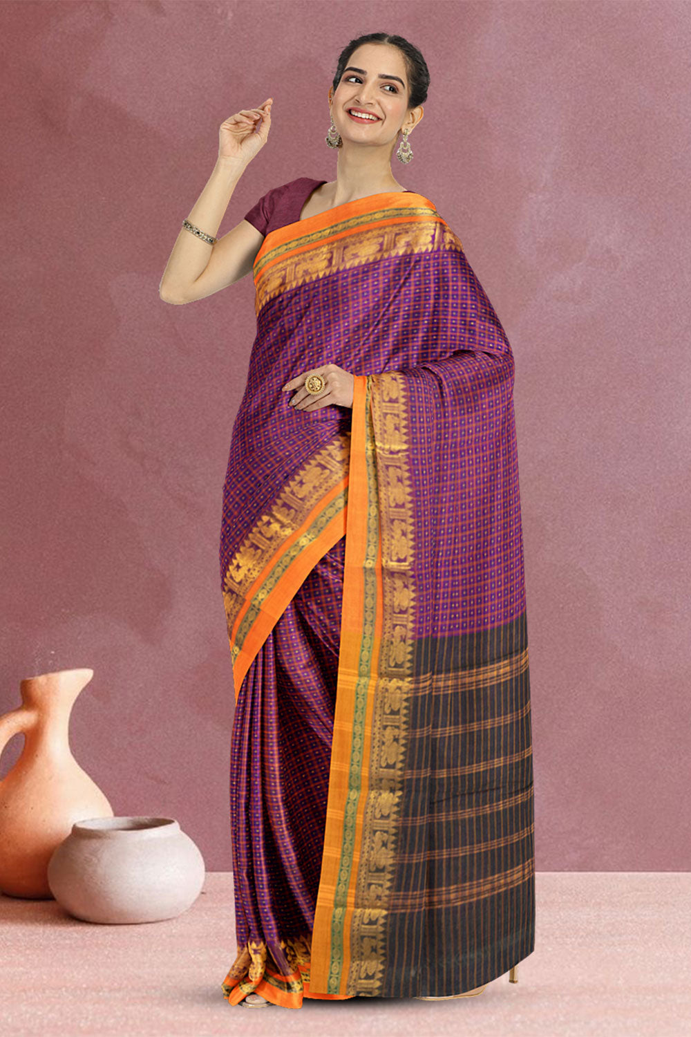 Seance Purple Thousand Buttas Chettinad Cotton Saree 10073619