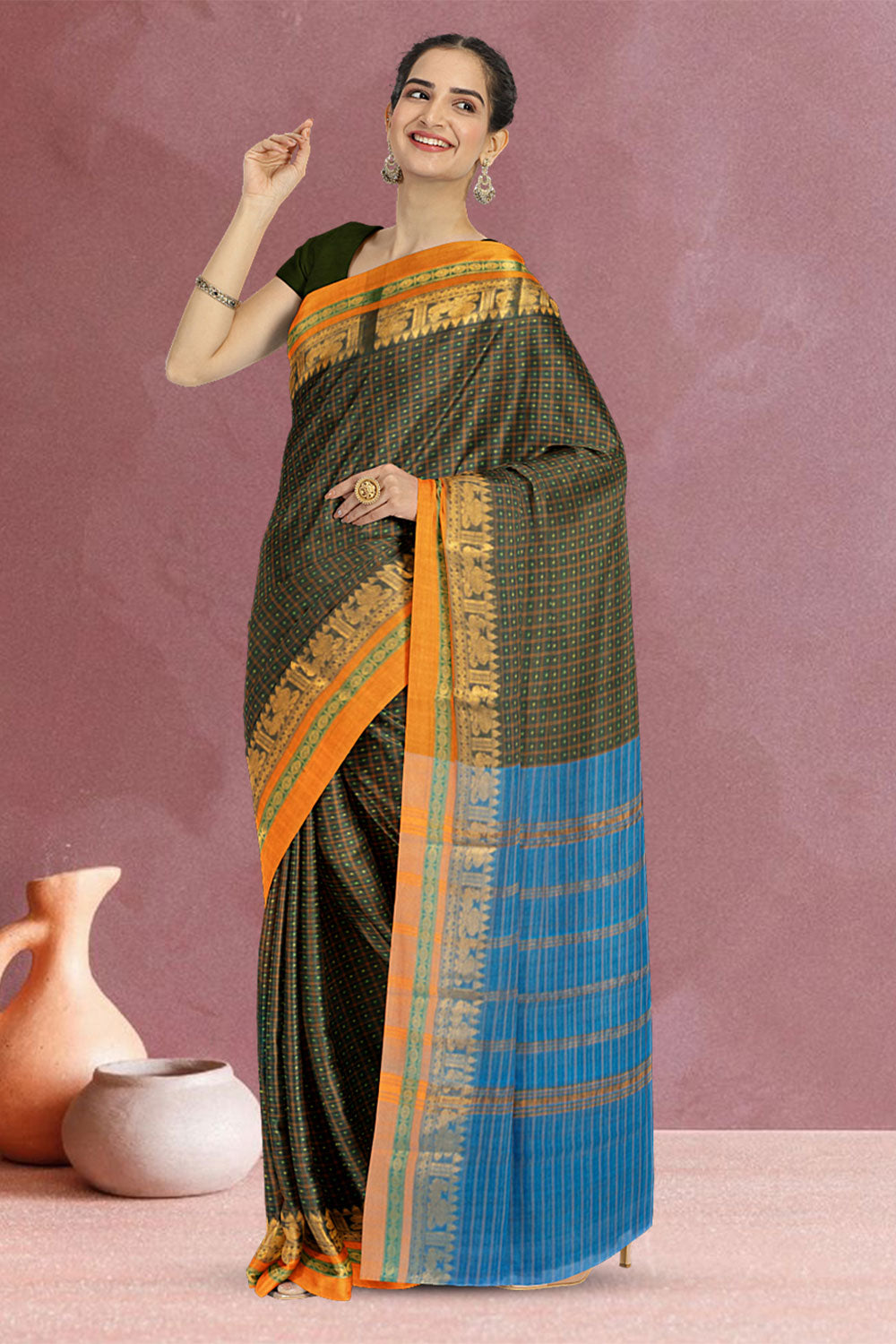 Sacramento Green Thousand Buttas Chettinad Cotton Saree 10073620