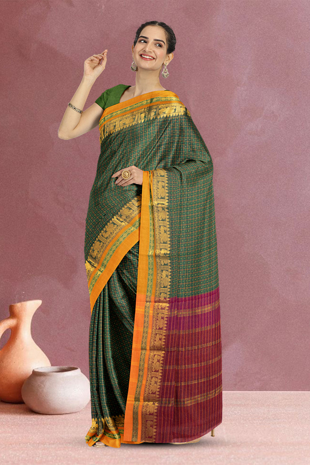 Castleton Green Thousand Buttas Chettinad Cotton Saree 10073621