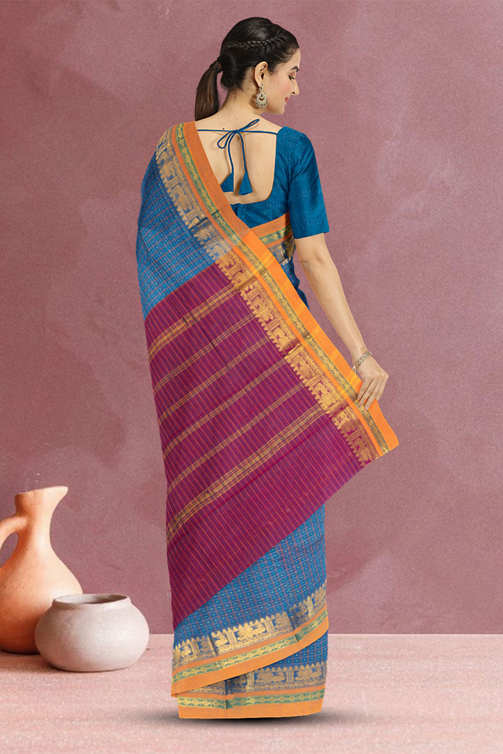 Lapis Blue Thousand Buttas Chettinad Cotton Saree 10073622