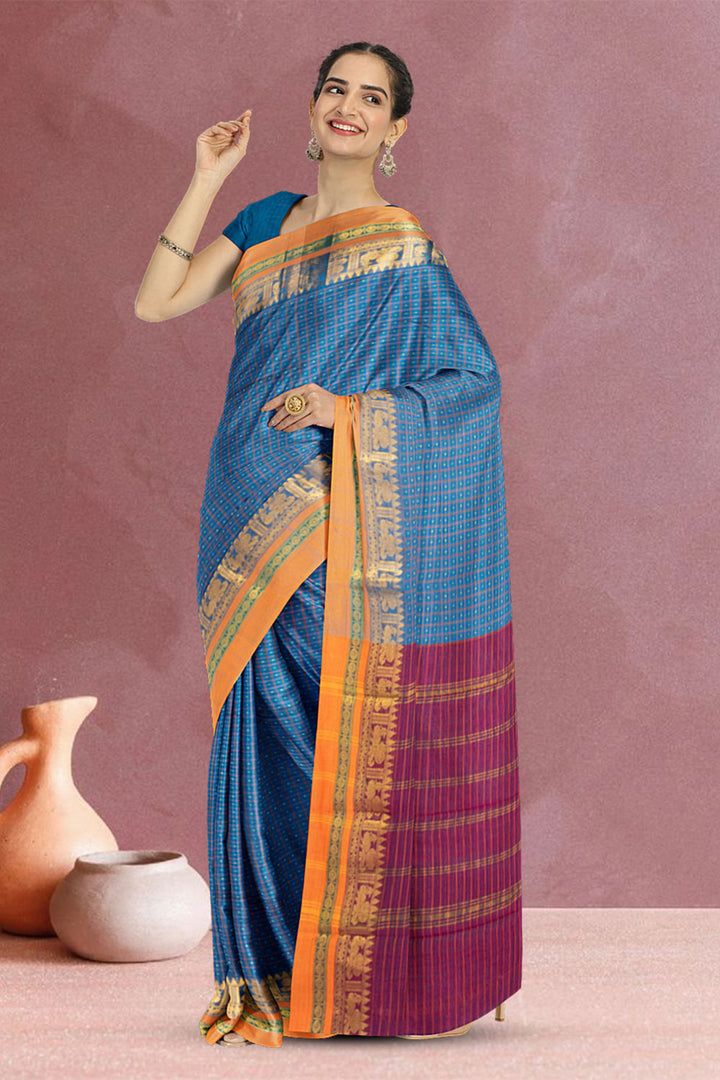 Lapis Blue Thousand Buttas Chettinad Cotton Saree 10073622