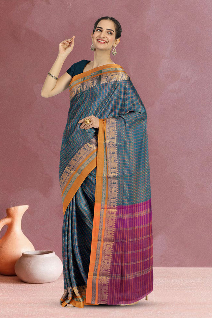 Dark Teal Blue Thousand Buttas Chettinad Cotton Saree 10073623