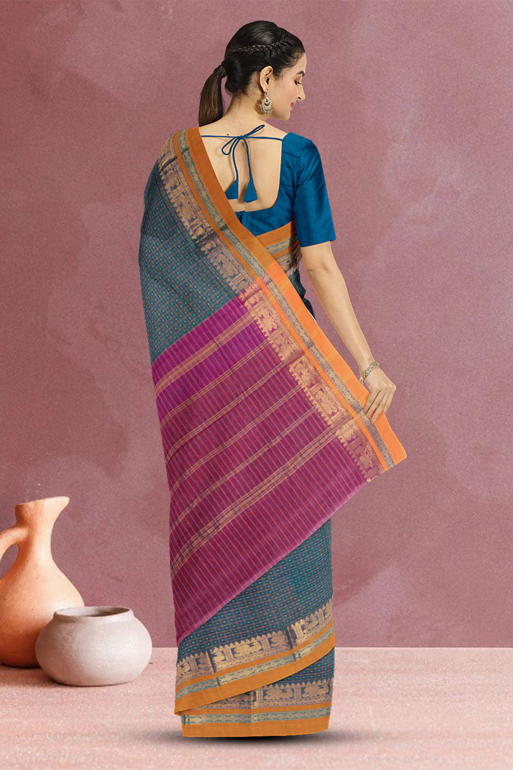 Peacock Blue Thousand Buttas Chettinad Cotton Saree 10073625