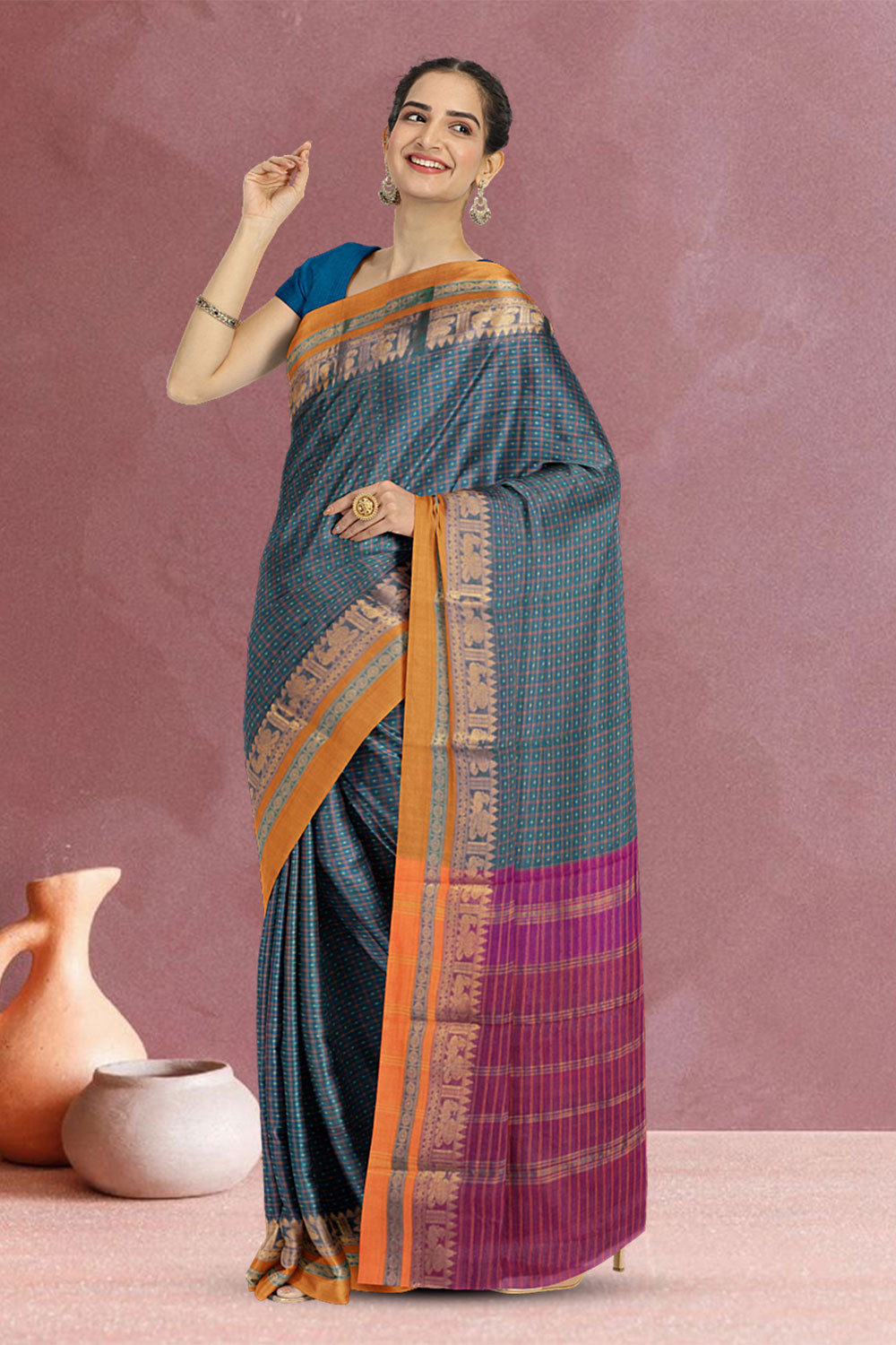 Peacock Blue Thousand Buttas Chettinad Cotton Saree 10073625