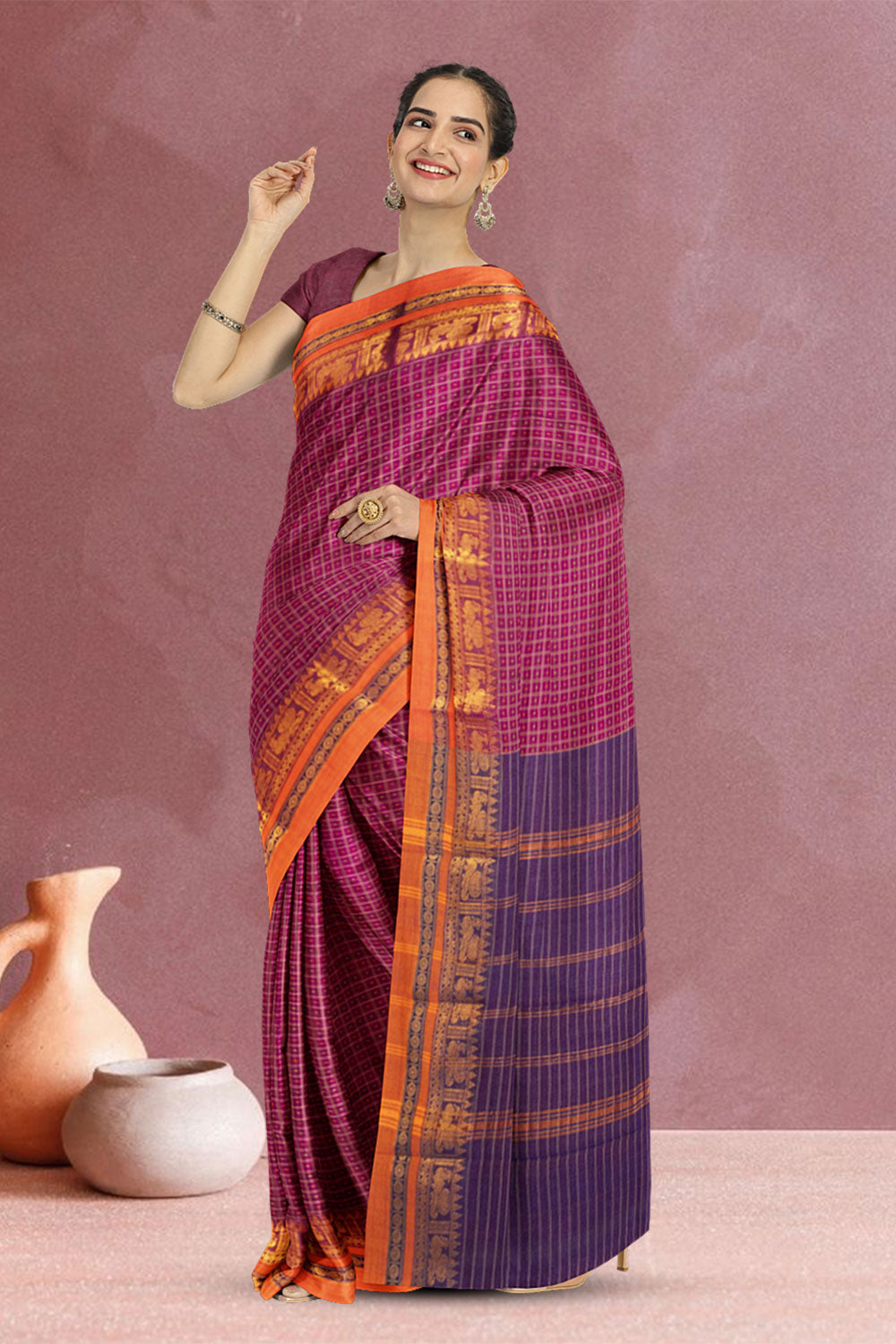 Rouge Pink Thousand Buttas Chettinad Cotton Saree 10073701