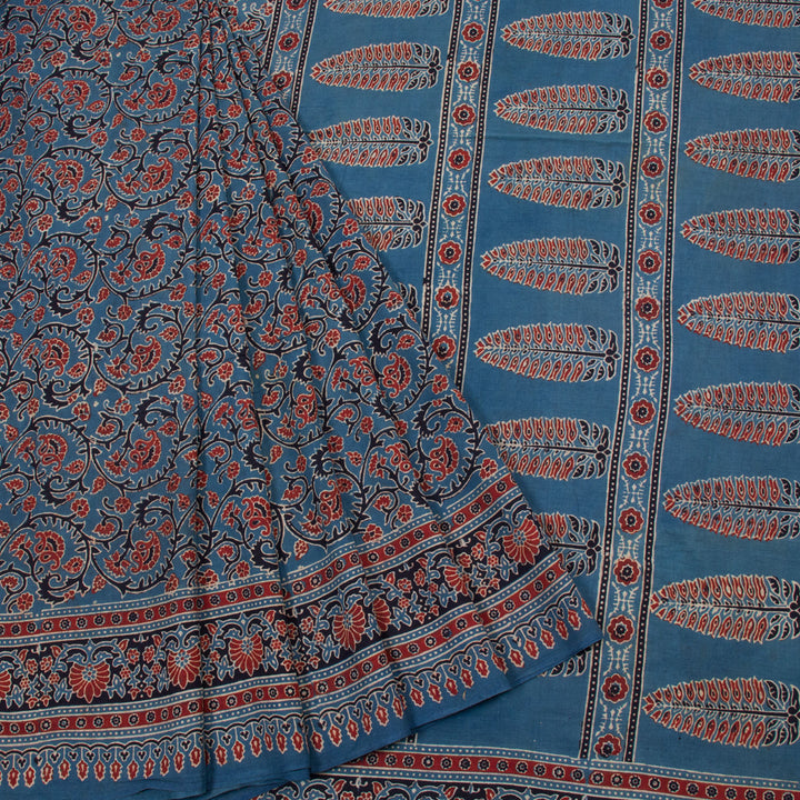 River Bed Blue Ajrakh Printed Handspun Cotton Saree 10062885