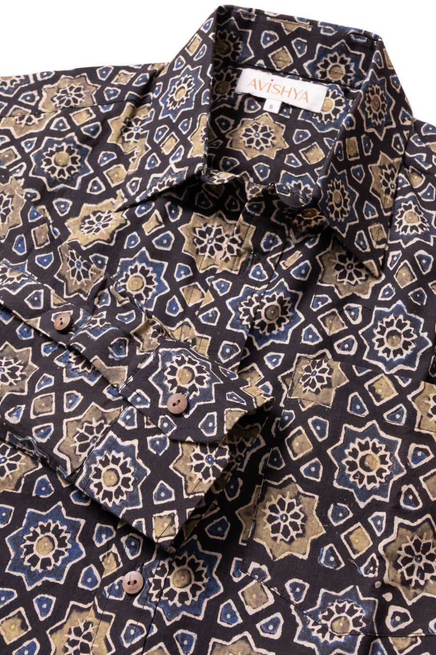 Black Full Sleeve Ajrakh Printed Cotton Mens Shirt