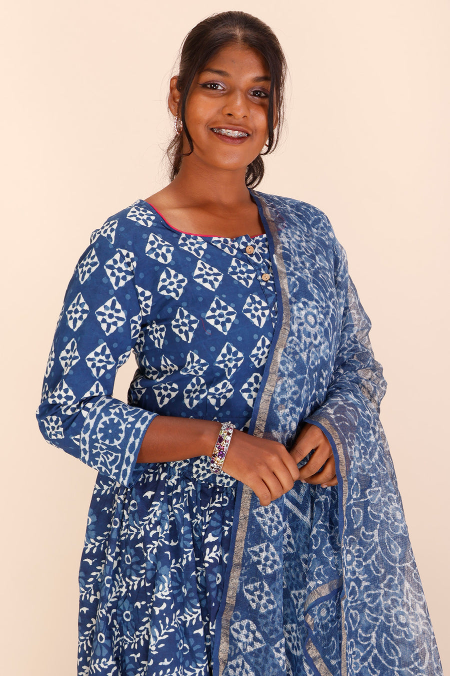 Blue Hand Block Printed Chaniya Choli With Kota Doria Dupatta