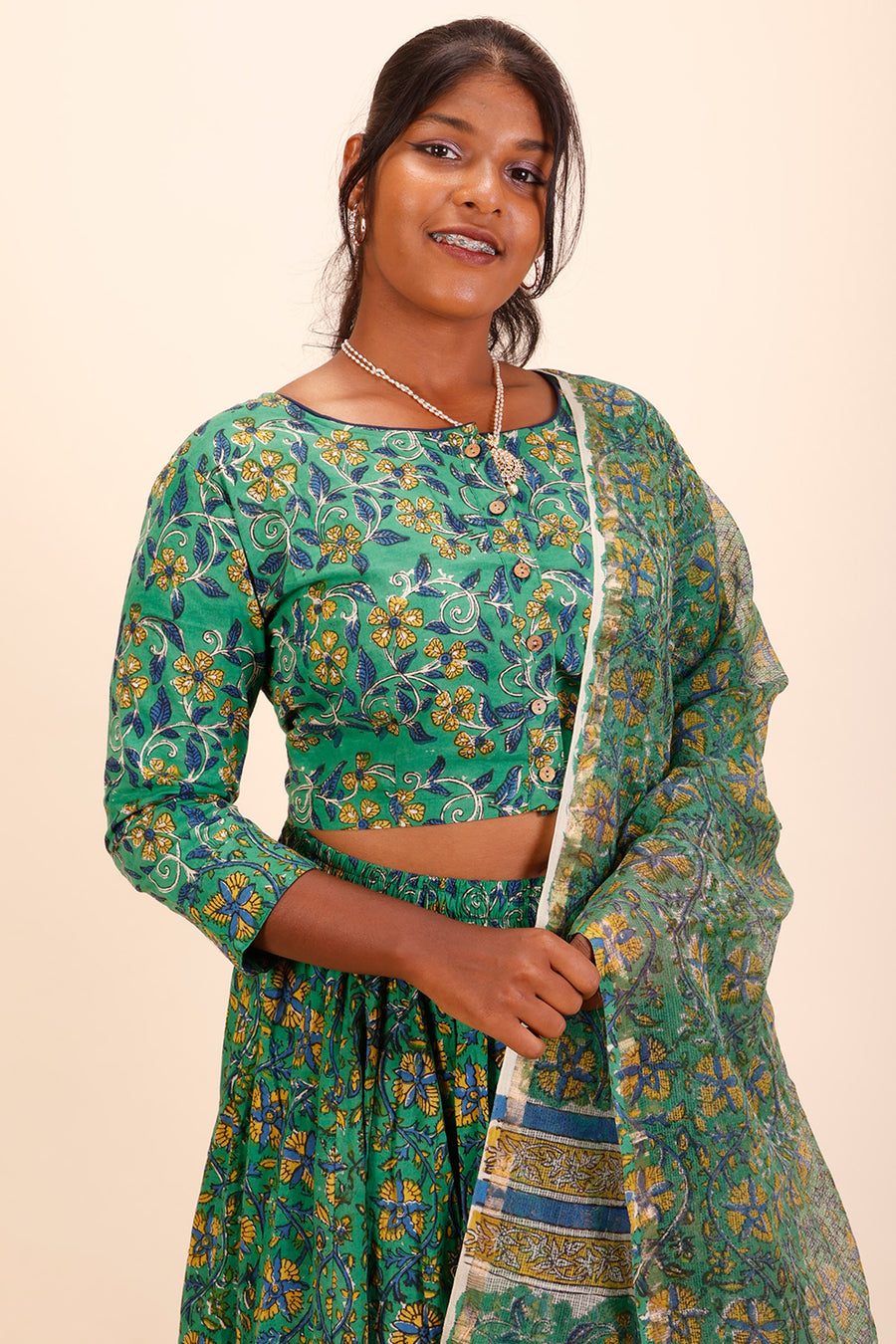 Green Hand Block Printed Chaniya Choli With Kota Doria Dupatta 