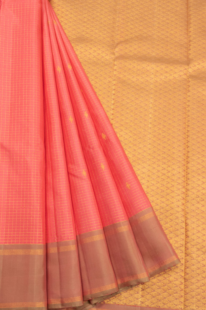 Reddish Orange Checked Kanjivaram Silk Saree 10070656