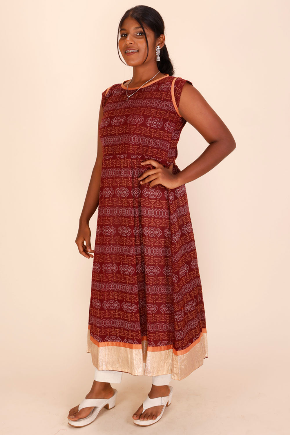 Maroon Handcrafted Ikat Cotton Dress 10024104