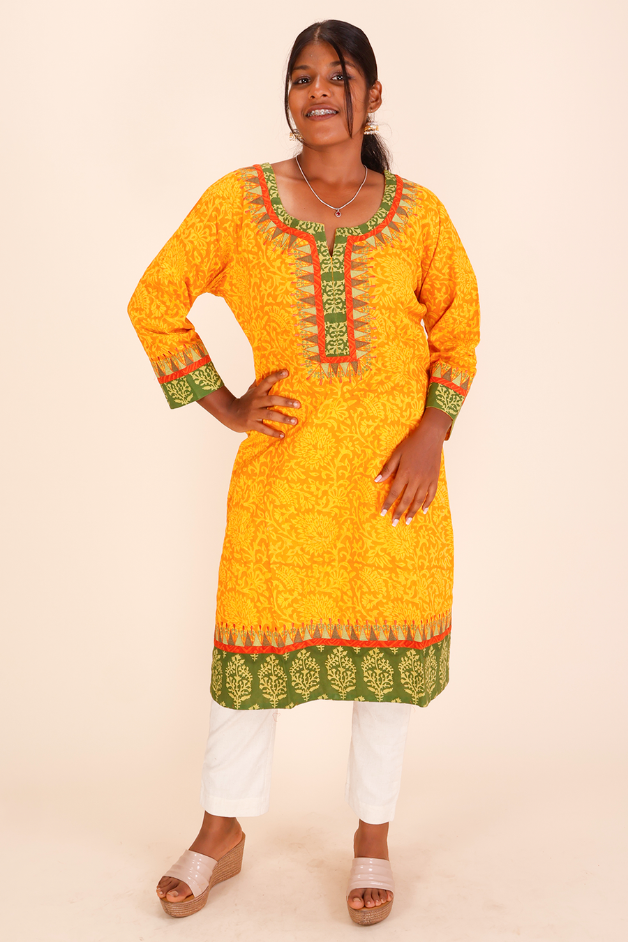 Yellow Hand Block Printed Cotton Kurta 10024564