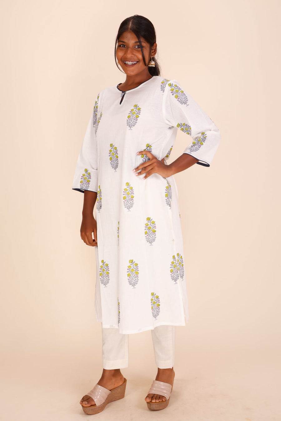 White Hand Block Printed Cotton Kurta 10024583