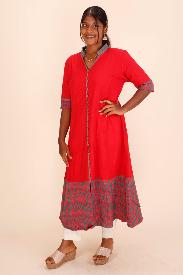  Red Handcrafted Ikat Cotton Kurta 10039330