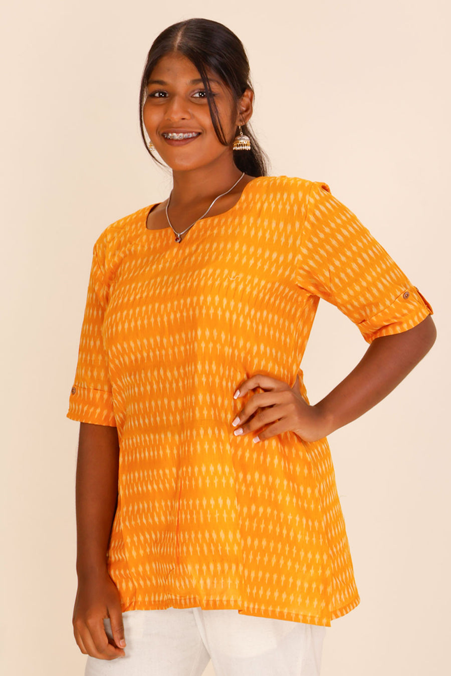 Yellow Handcrafted Ikat Cotton Tunic 10039331