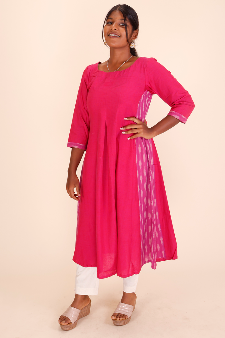 Pink Handcrafted Ikat Cotton Kurta 10039334