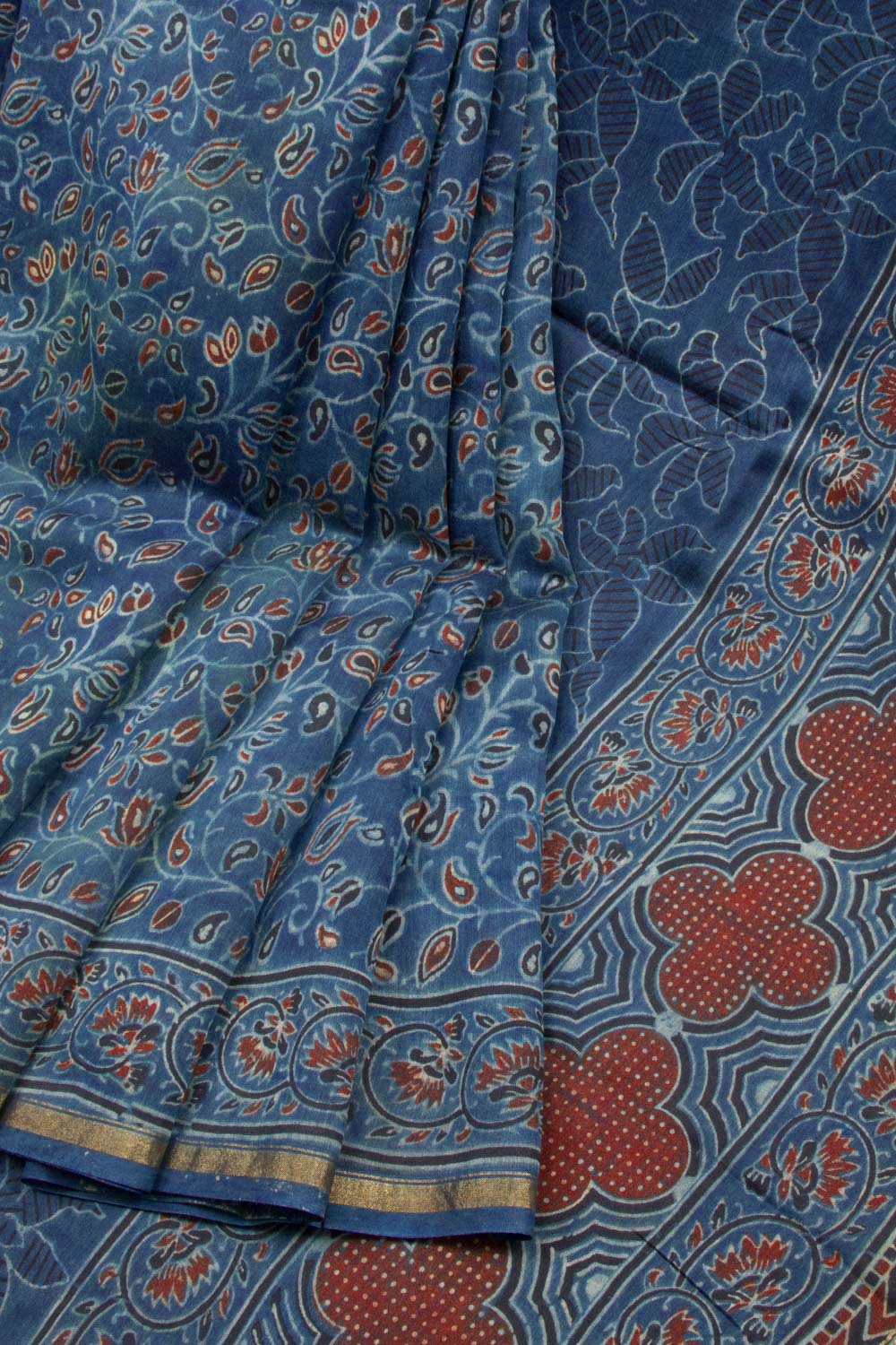 Blue Ajrakh Printed Cotton Saree | Avishya.com