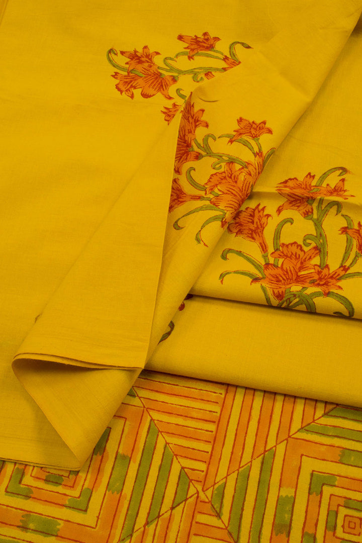 Yellow Hand Block Printed Mulmul Cotton Salwar Suit Material 10062842