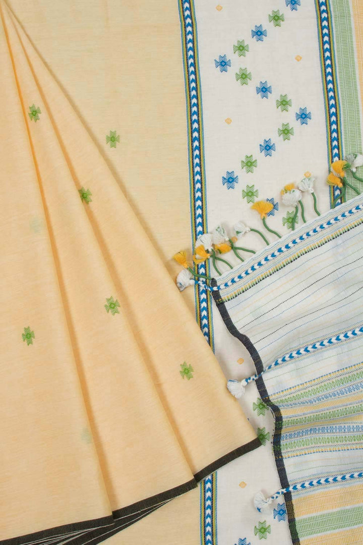 Pale Yellow Handloom Bhujodi Kala Cotton Saree 10062876