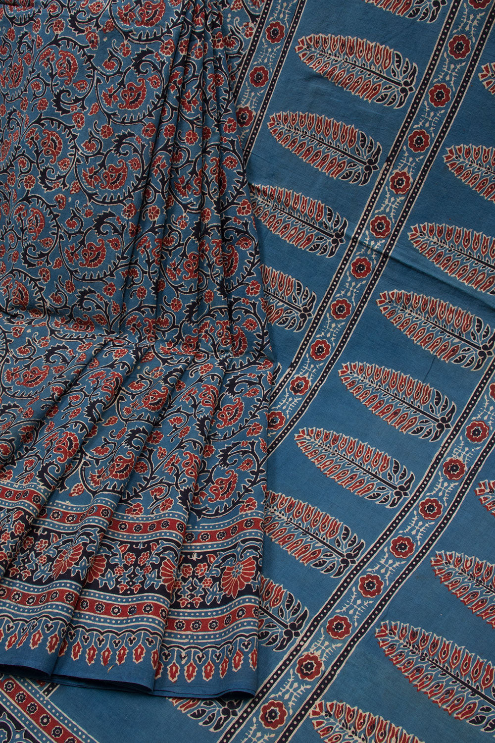 River Bed Blue Ajrakh Printed Handspun Cotton Saree 10062885