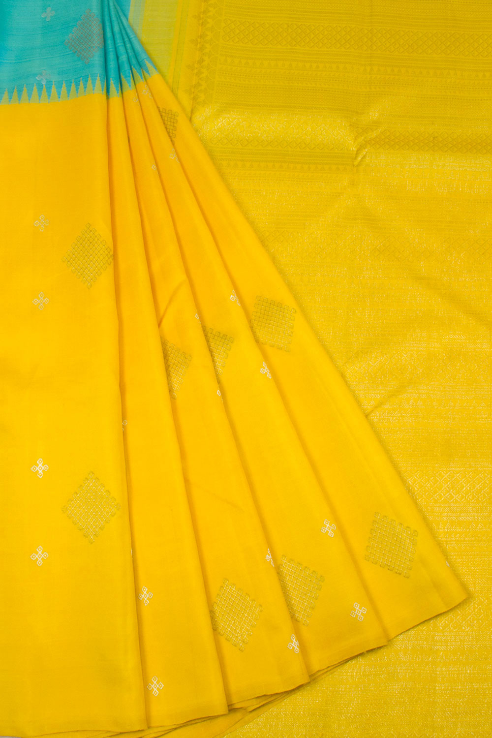 Yellow & Blue Pure Zari Korvai Kanjivaram Silk Saree 10063123