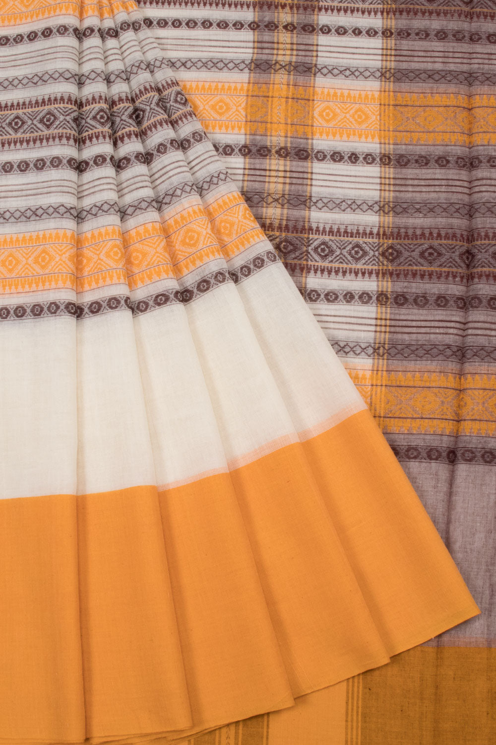 Yellow with White Handloom Dhaniakhali Cotton Saree - 10063546