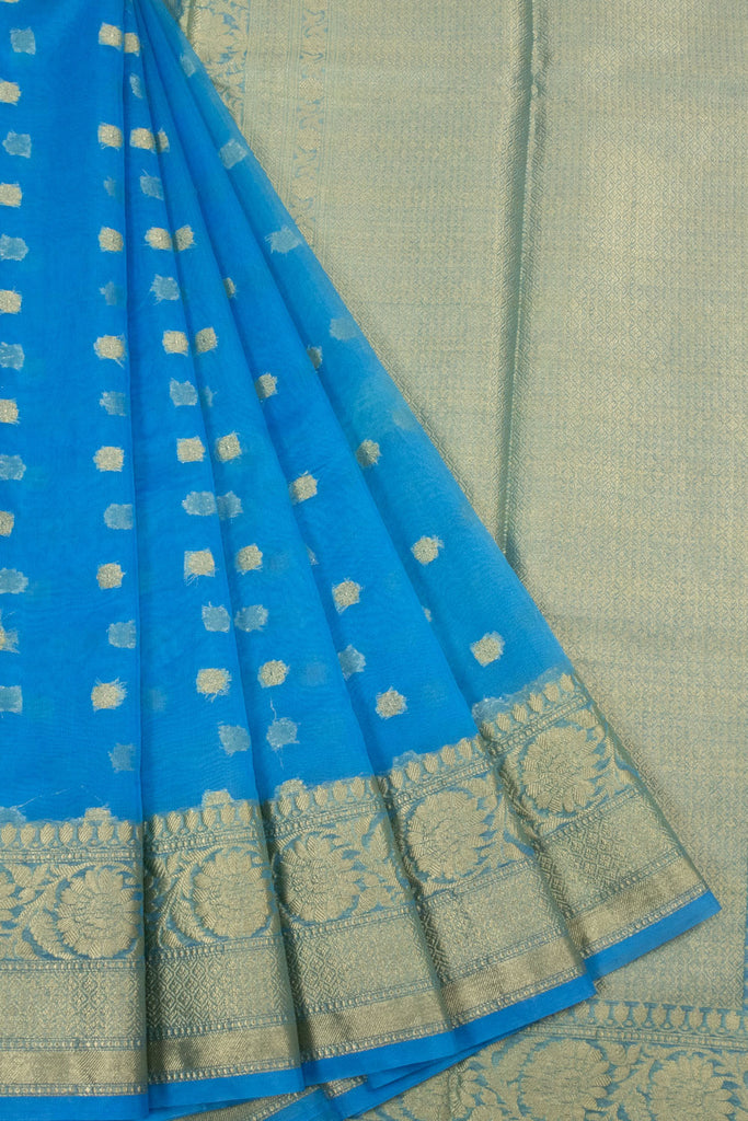 Tvis and Bliss. Copper Sulfate Blue and Yellow Pochampally Ikkat Silk Saree