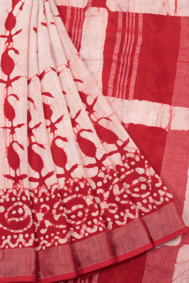 Red and Off White Batik Printed Linen Cotton Saree - 10063860