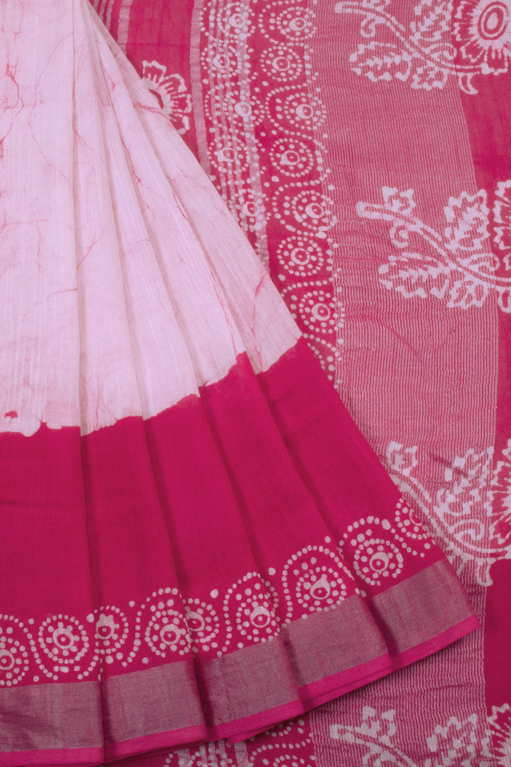 Pink with Off White Batik Printed Linen Cotton Saree - 10063863