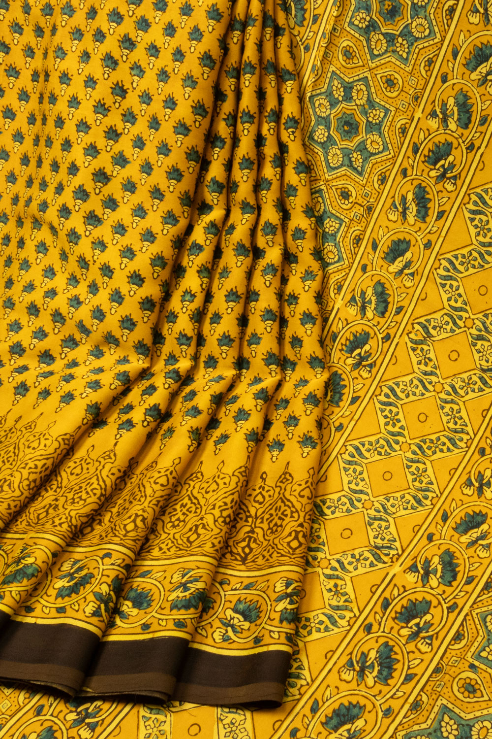 Yellow Handloom Ajrakh Modal Silk Saree - Avishya