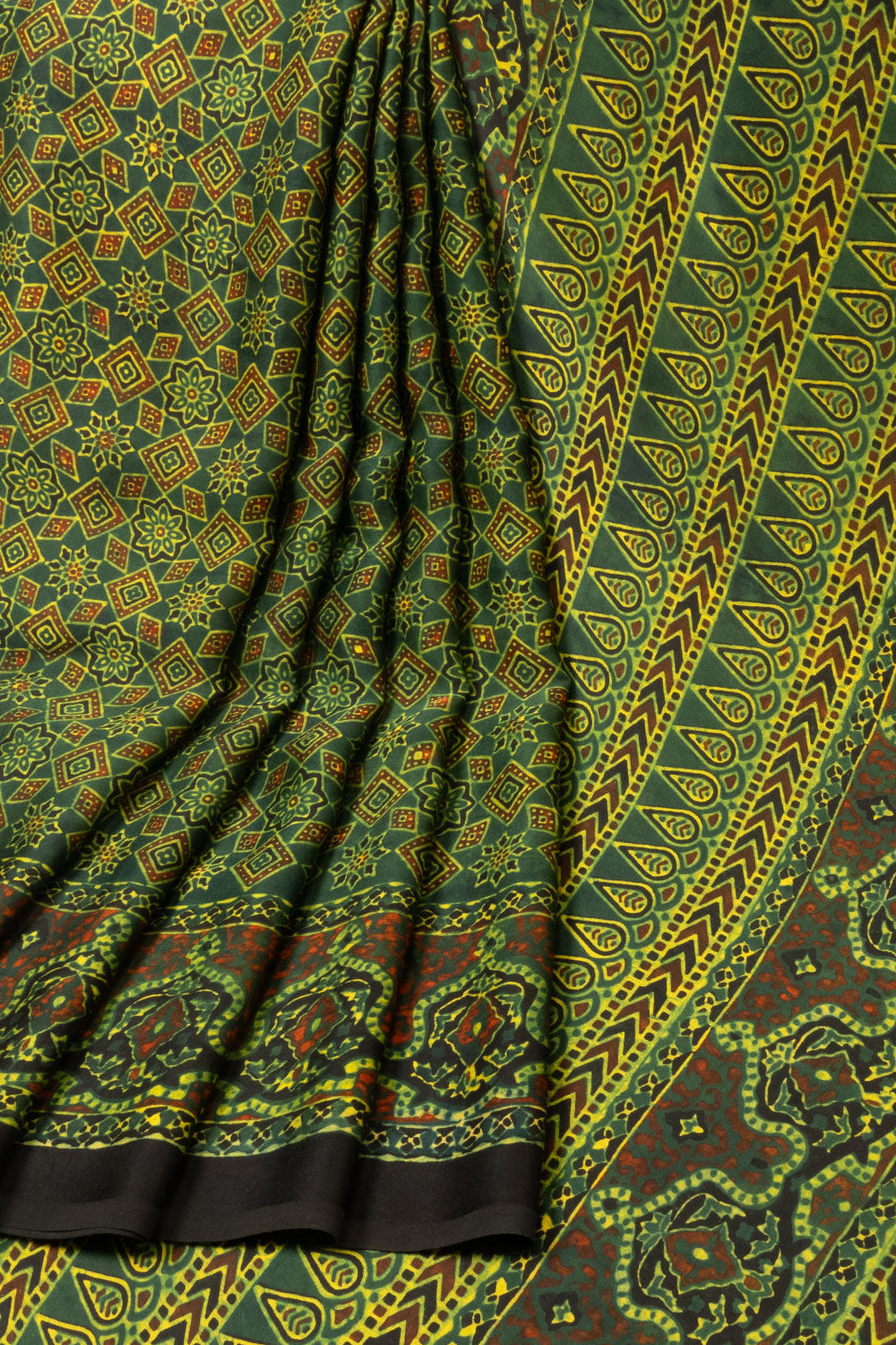 Dark Green Handloom Ajrakh Modal Silk Saree - Avishya