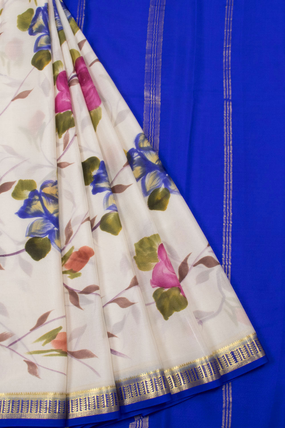 White with Blue Mysore Crepe Silk Saree - 10064296