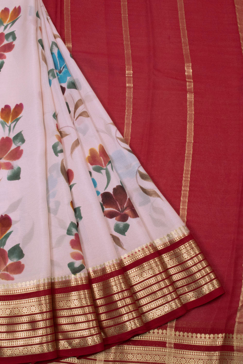 White with Maroon Mysore Crepe Silk Saree - 10064299