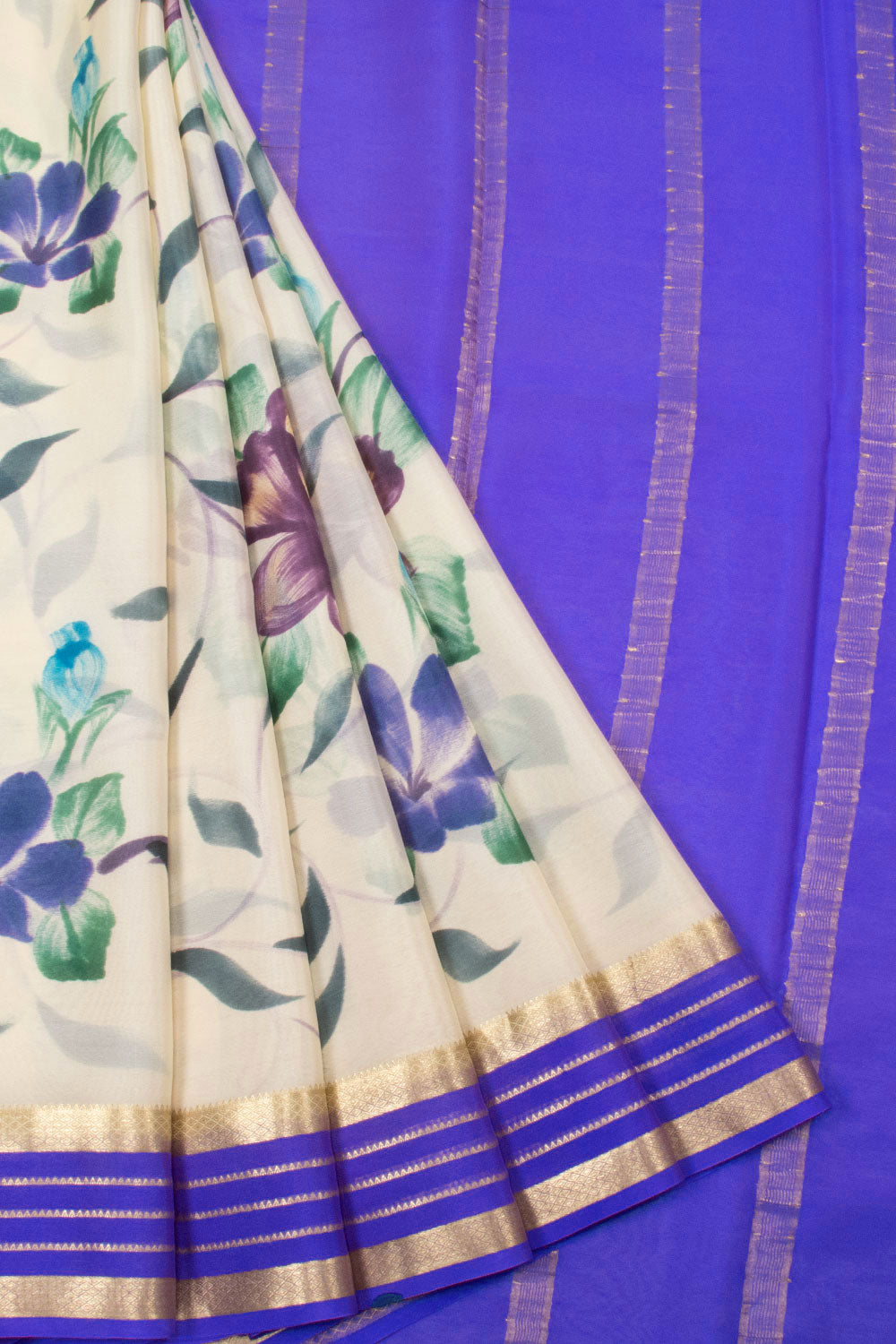 White with Blue Mysore Crepe Silk Saree - 10064300