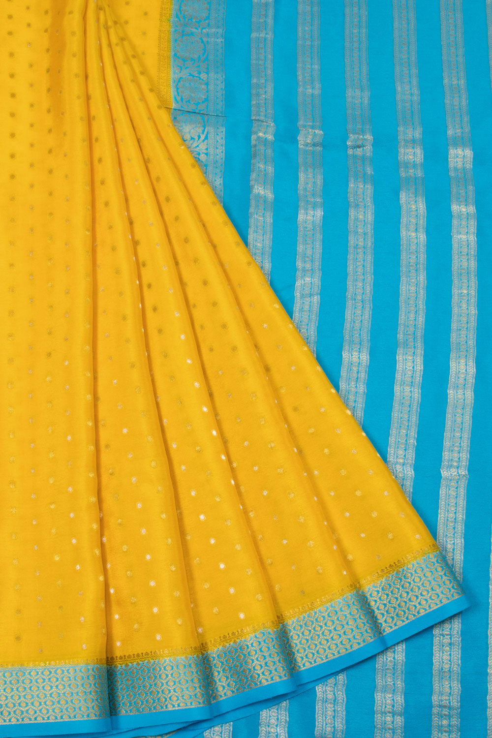 Yellow with Blue Mysore Crepe Silk Saree - 10064323