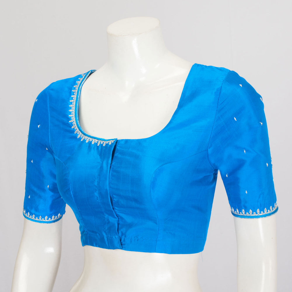 Copper Sulphate Blue Aari Embroidered Raw Silk Blouse - Avishya