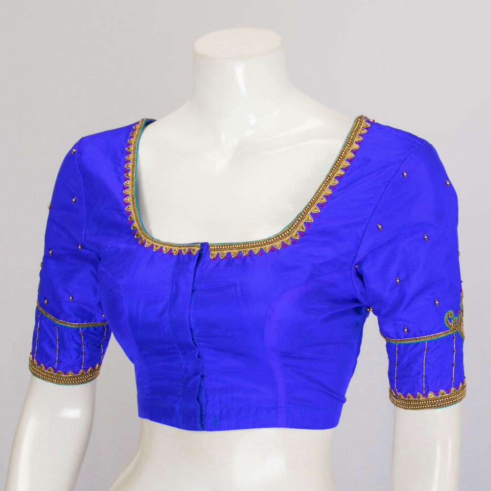 Ink Blue Aari Embroidered Raw Silk Blouse  - Avishya