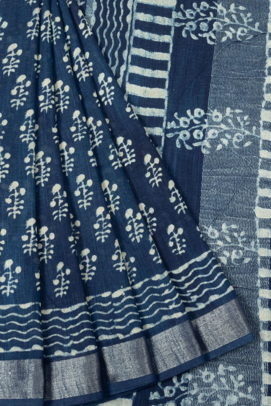 Indigo Blue Hand Block Printed Linen Saree - Avishya