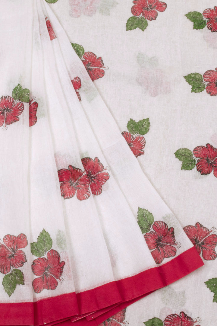 White  Printed Linen Saree 10064469