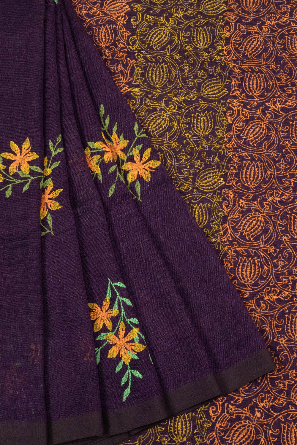 Violet Printed Linen Saree 10064474