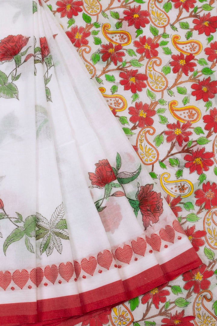 White Hand Painted Mulmul Cotton Saree - Avishya