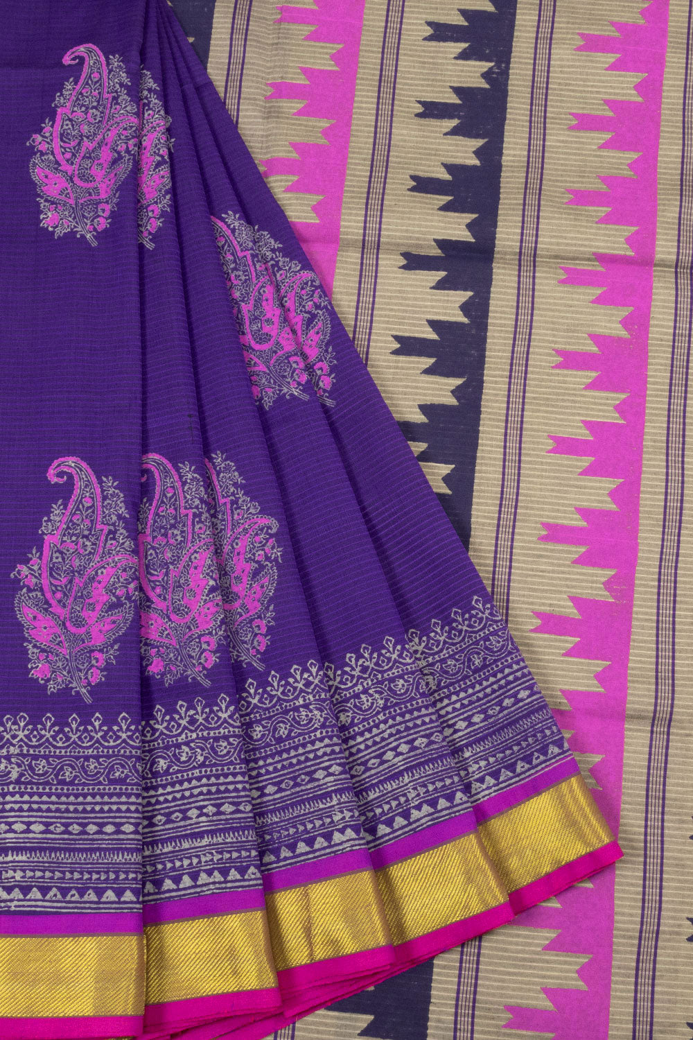 Purple Hand Block Printed Poly Cotton Saree - Avishya