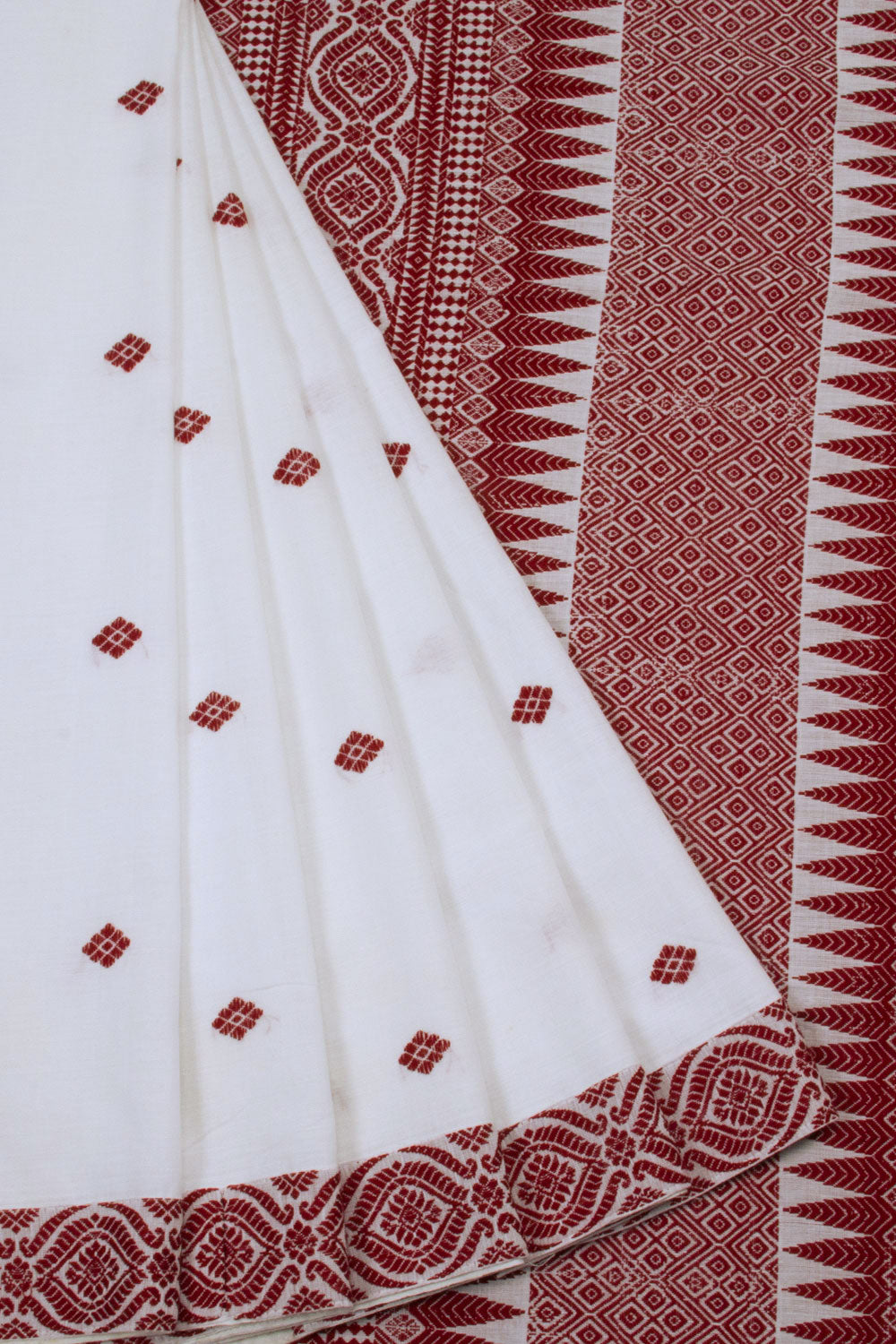 White Handloom Assam Cotton Saree - Avishya