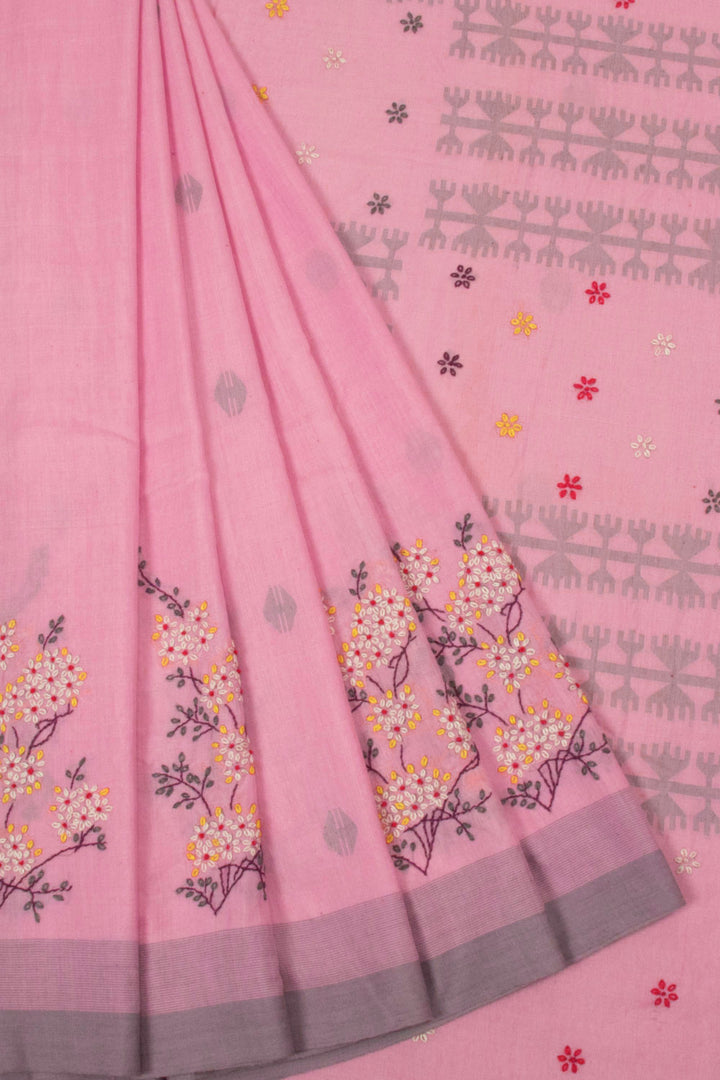 Pink Hand Embroidered Jamdani Silk Cotton Saree 10064696