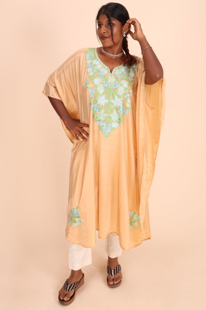 Beige Sozni Embroidered Crepe Silk Kaftan 