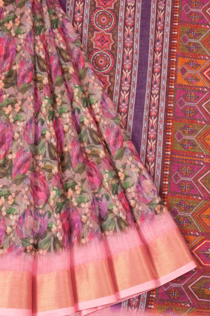 Pink Printed Linen Saree - Avishya