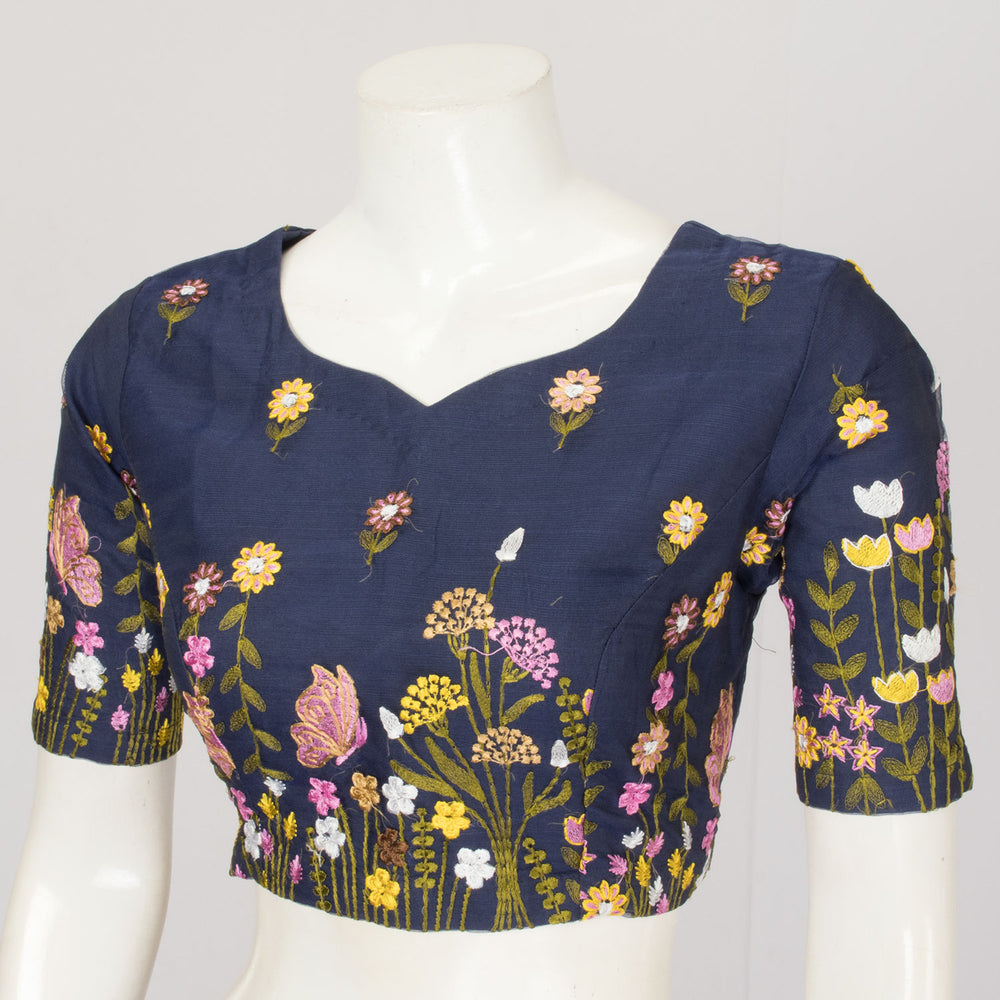 Navy Blue Hand Embroidered Net Silk Blouse - Avishya