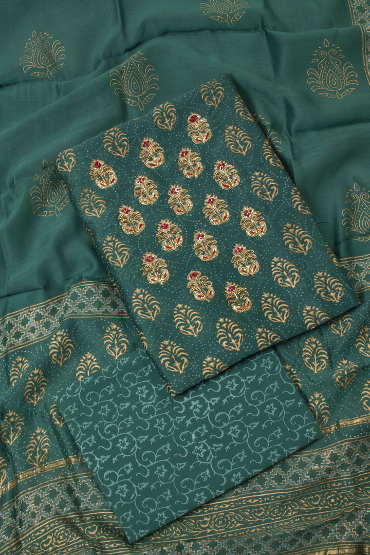 Peacock Green Embroidered 3-Piece Silk Cotton Salwar Suit Material  - Avishya