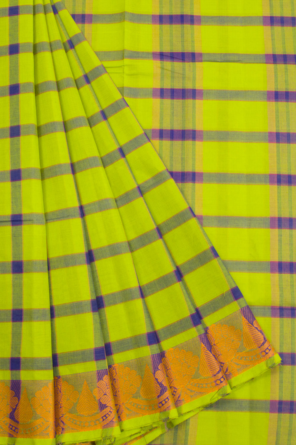 Multi-color checked design chettinad cotton saree with buttas, paisley &  peacocks border & pallu of stripes