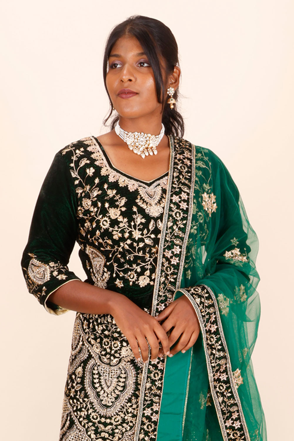 Green & Black Velvet Embroidered Lehenga 10066161